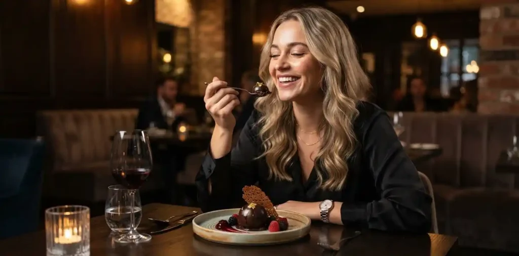 Woman enjoying an elegant chocolate dessert at a restaurant