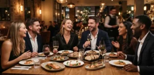 Friends enjoying a memorable dinner at an elegant restaurant