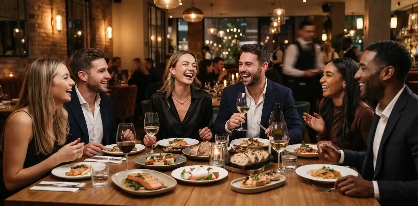 Friends enjoying a memorable dinner at an elegant restaurant