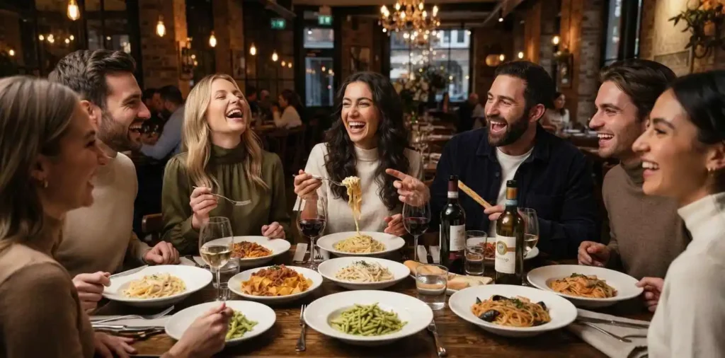 Friends enjoying pasta at a stylish restaurant