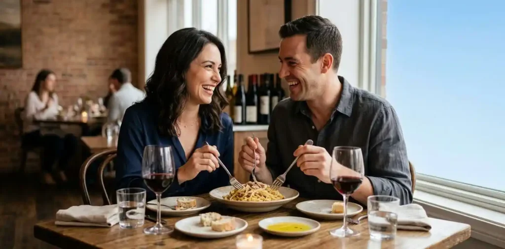 Couple sharing pasta during romantic dinner