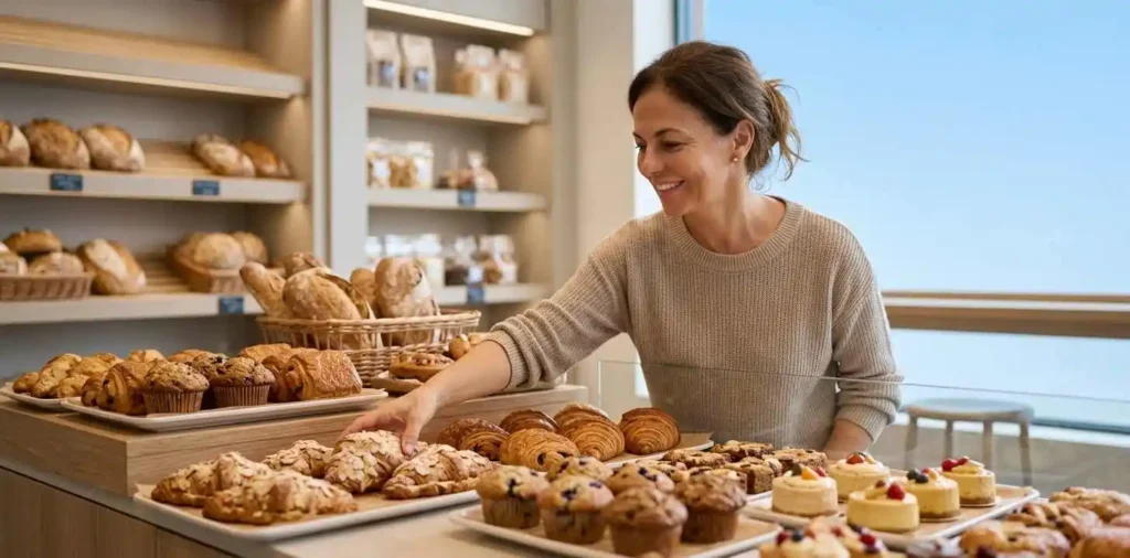 Woman choosing fresh pastries at local bakery