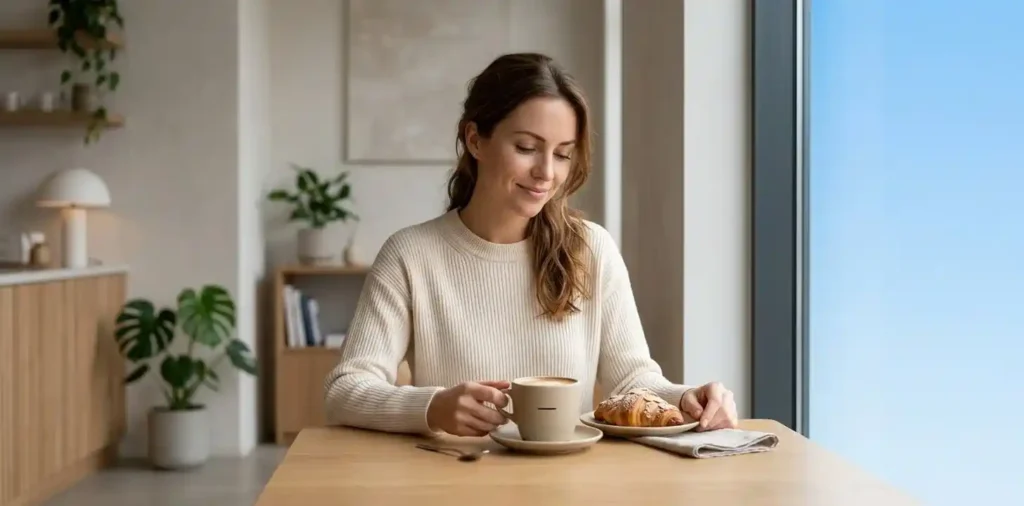 Woman enjoying coffee inside stylish café