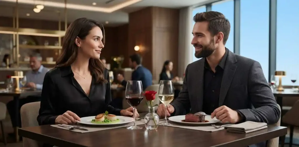 Couple talking during elegant dinner date