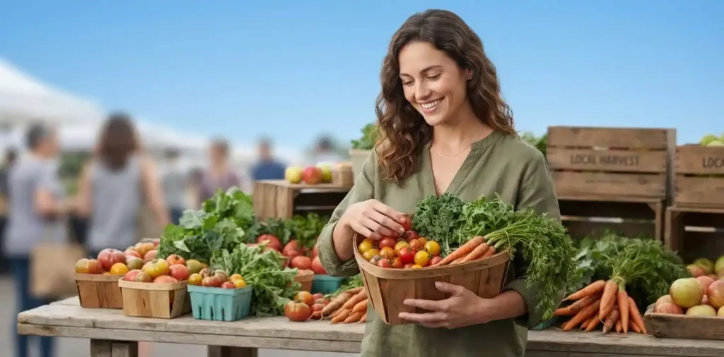 Woman choosing fresh vegetables at farmers market