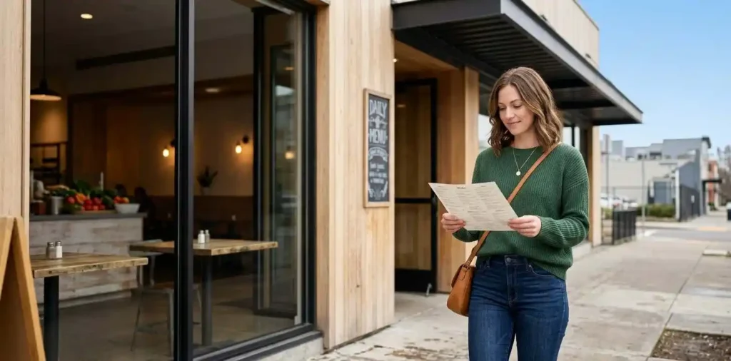 Woman exploring a stylish local food spot