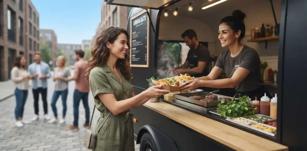 Woman ordering fresh food from food truck