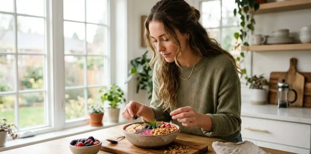 Woman enjoying colorful smoothie bowl at home