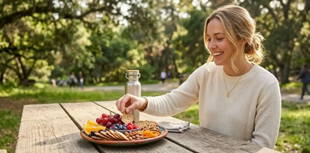 Woman enjoying a colorful afternoon snack outdoors