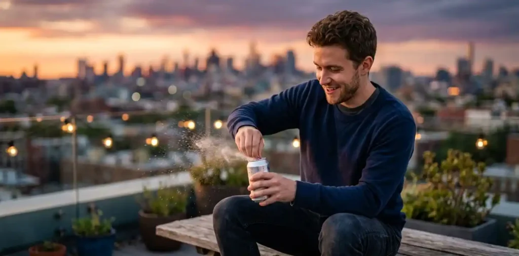 Young man opening a chilled soda can outdoors