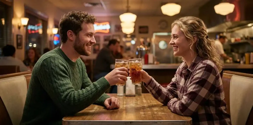 Couple sharing sodas during a casual date
