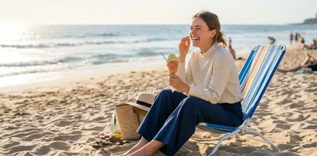 Woman enjoying ice cream on a sunny beach