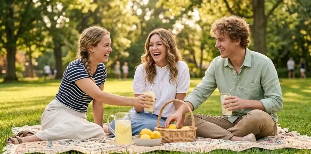 Friends enjoying lemonade during a sunny summer picnic