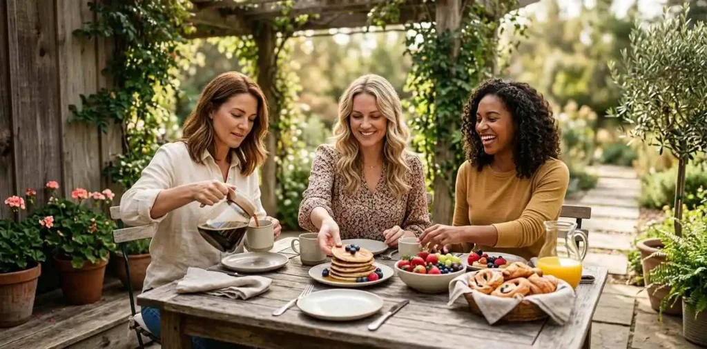 Friends enjoying brunch together on a sunny Sunday