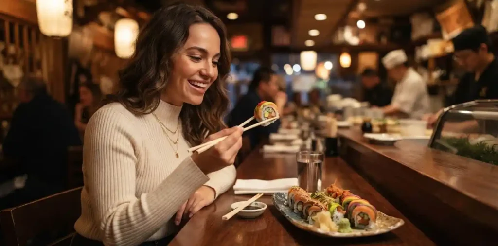 Woman enjoying colorful sushi rolls at dinner