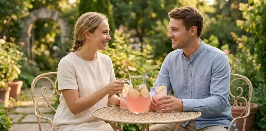 Couple sharing sweet lemonade at an outdoor café
