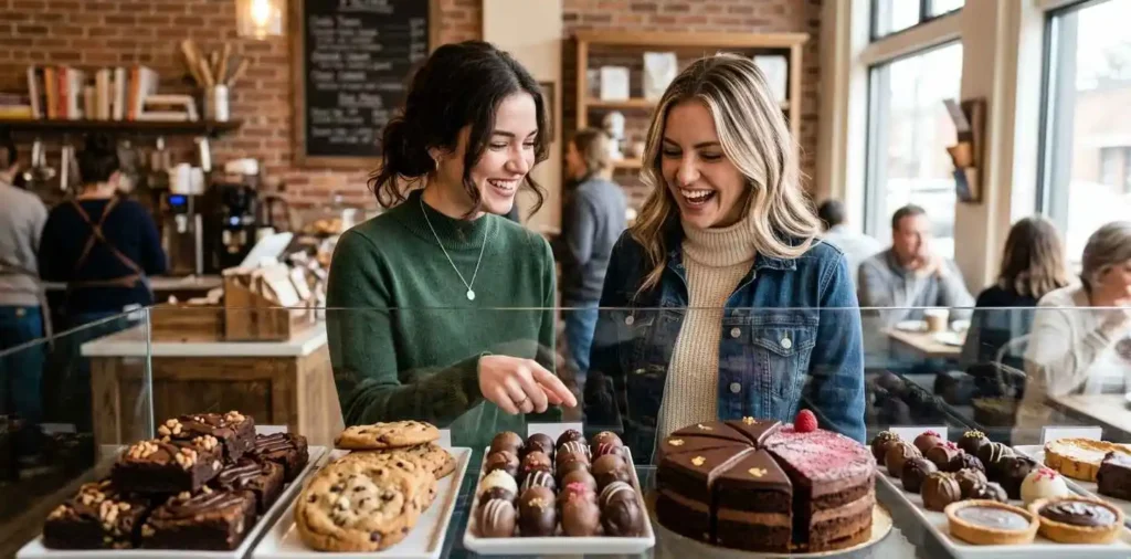 Friends choosing chocolate treats at a bakery