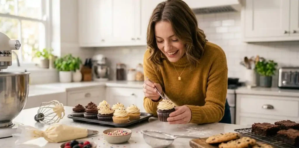 Woman decorating homemade cupcakes in a bright kitchen
