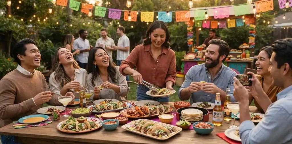 Friends sharing tacos at a colorful backyard party