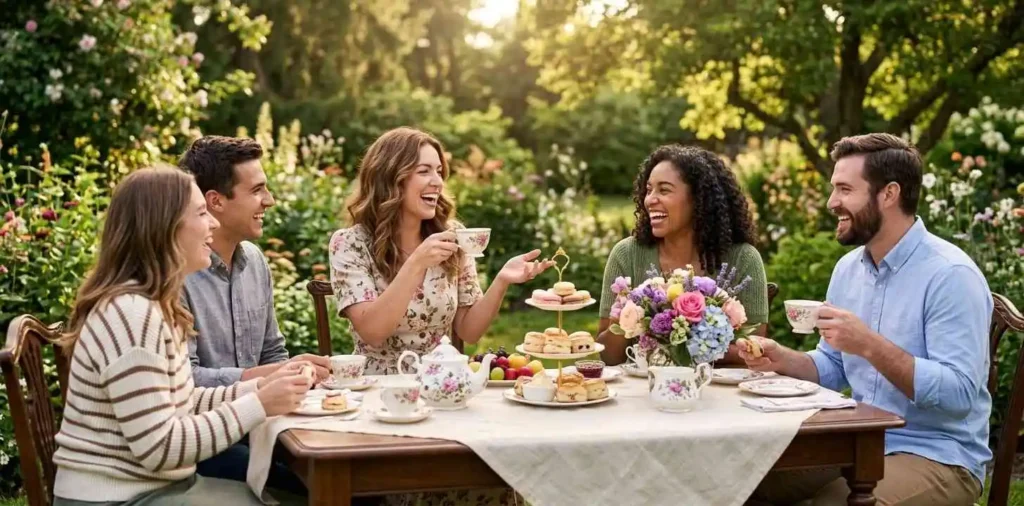 Friends laughing together at an elegant tea party